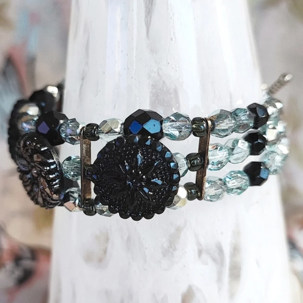 Glass Button Icy Blue Beaded Silver Tone Triple Strand Toggle Clasp Bracelet